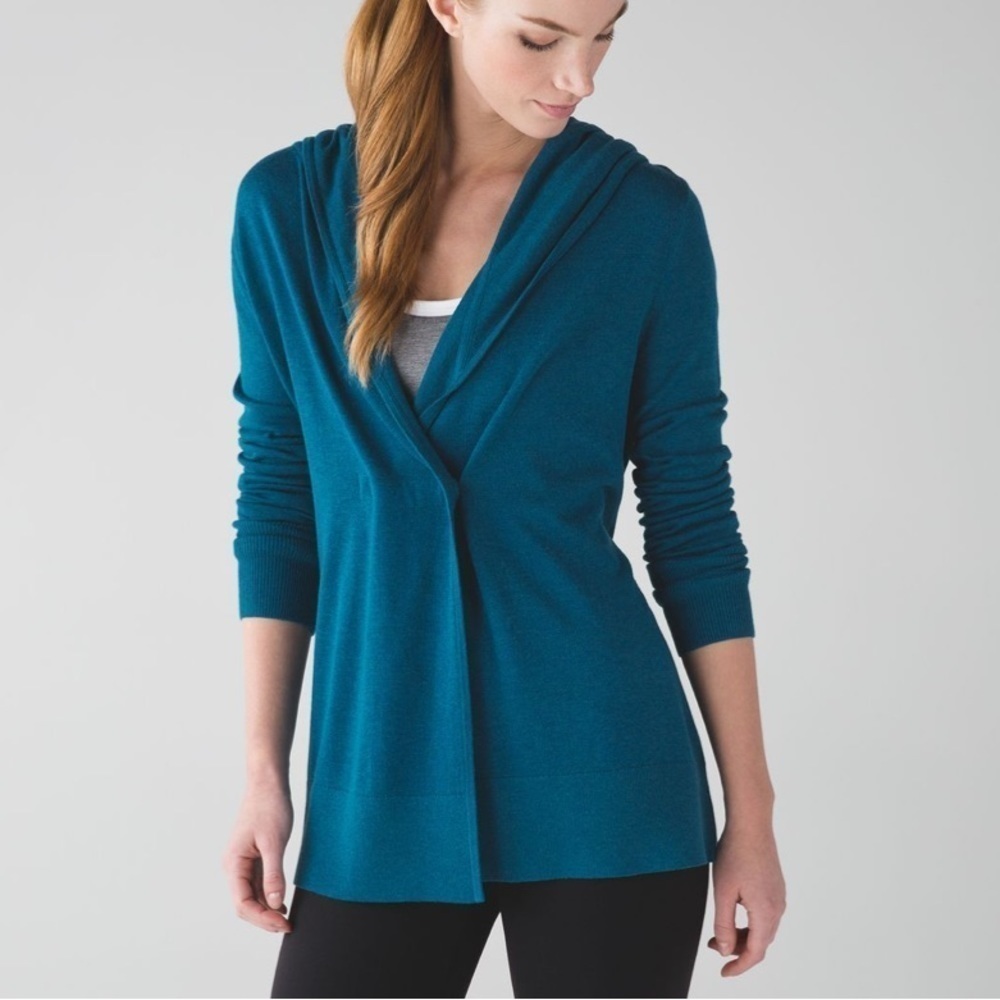 Lululemon Sun Savasana Wrap W4IH6S Cashmere Blend Sweater Tofino Teal Sz 10 GUC